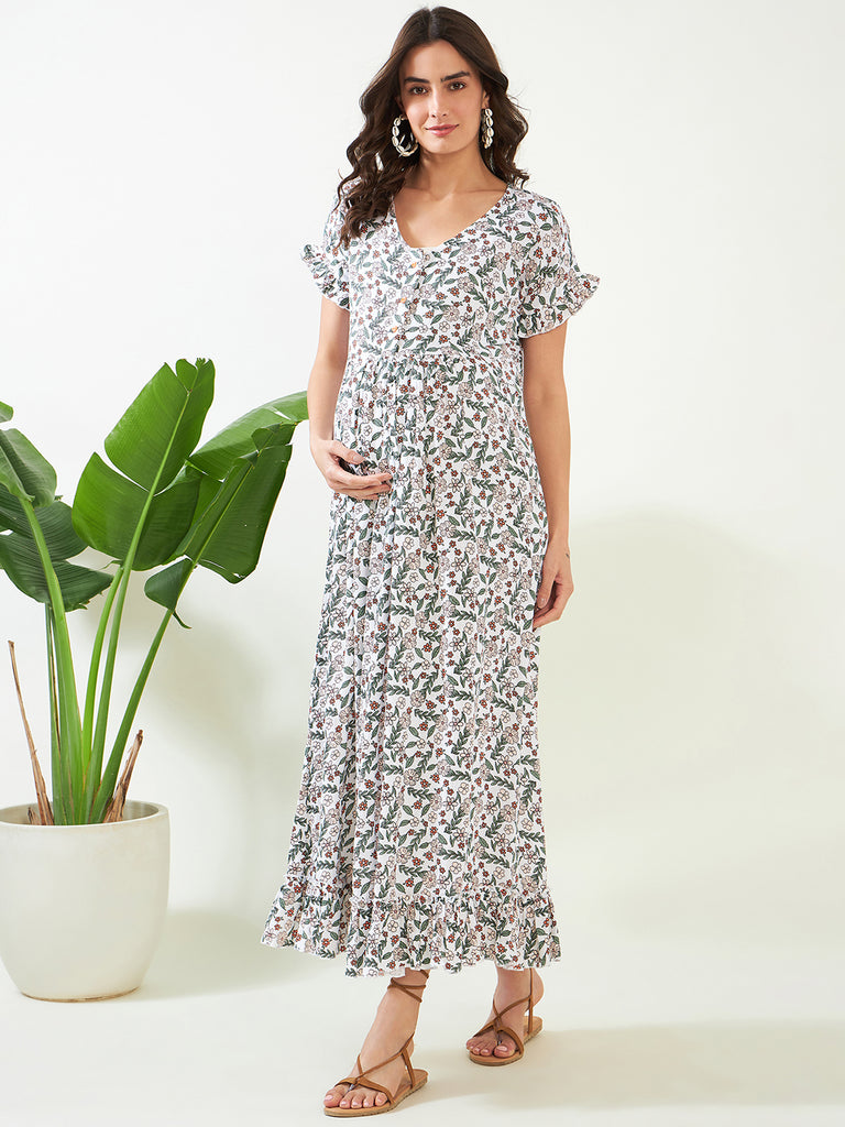 White Floral Maternity and Nursing Nightdress