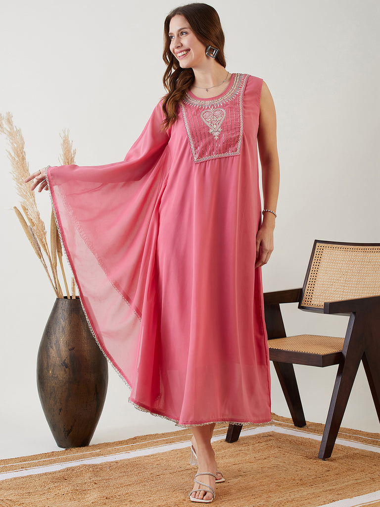 Pink Hand Embroidered Asymmetrical Kaftan Dress 