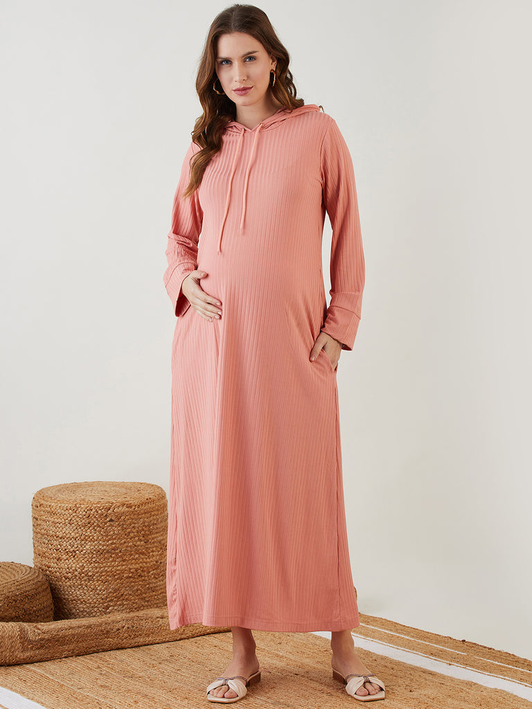 Peach Poly Rib Nighty with Hooded Neck with Tie Up Detailing, Full Sleeves with Cuff