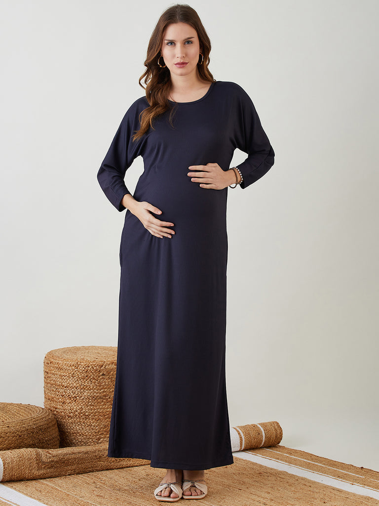 Navy Blue Pin Rib Maternity Dress with Round Neck, Full Sleeves