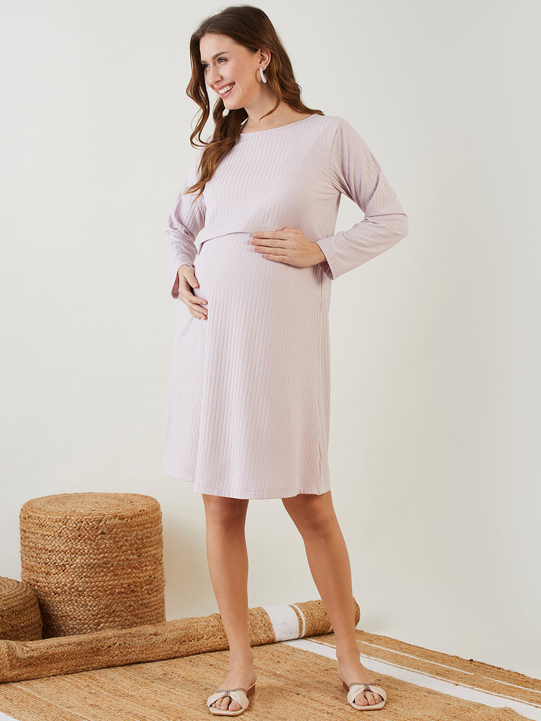 Lilac Big Rib Knee Length Maternity Dress With Round Neck, Feeding Option Inside the Top, Full Sleeves