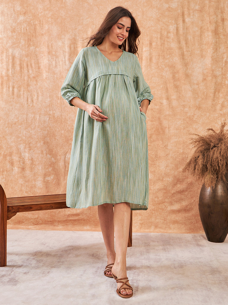 Earthy Emerald Soft Linen Maternity and Feeding Dress