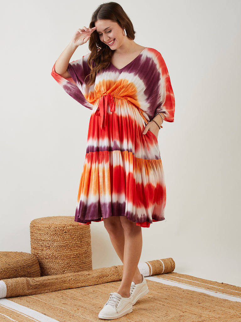 Multi Color Tie Dyed Layered Maternity Dress with Waist Tie up Detailing