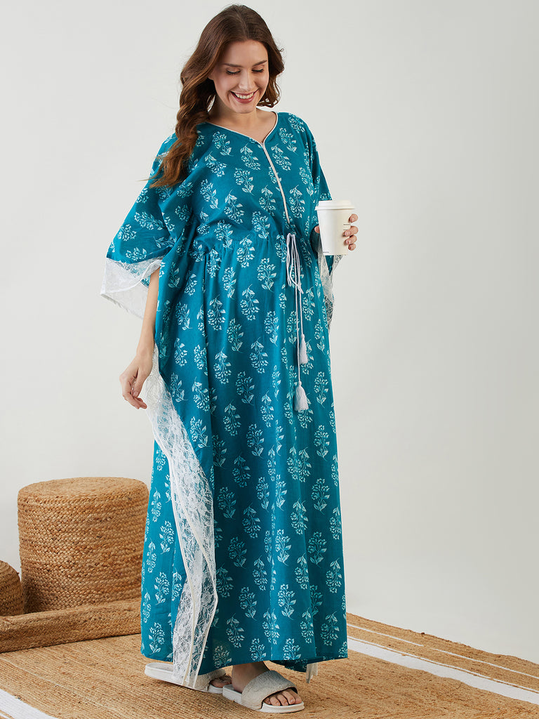 Green Handblock Nursing Kaftan With Shaped "V" Neckline, Concealed Zipper for Feeding, Lace Given as Style Statement Border