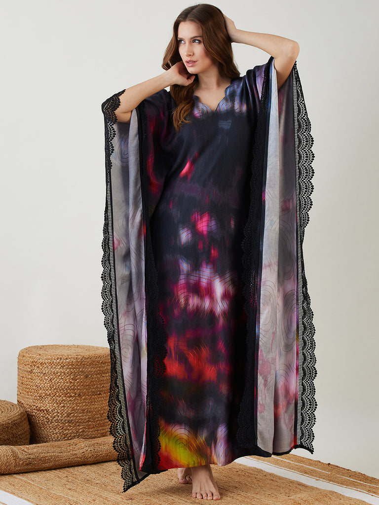 Black Tie-Dye Spiral Digital Printed Kaftan with Innovative Shaped Neckline and Black Scallop Lace Embellishing the Side of the Kaftan 