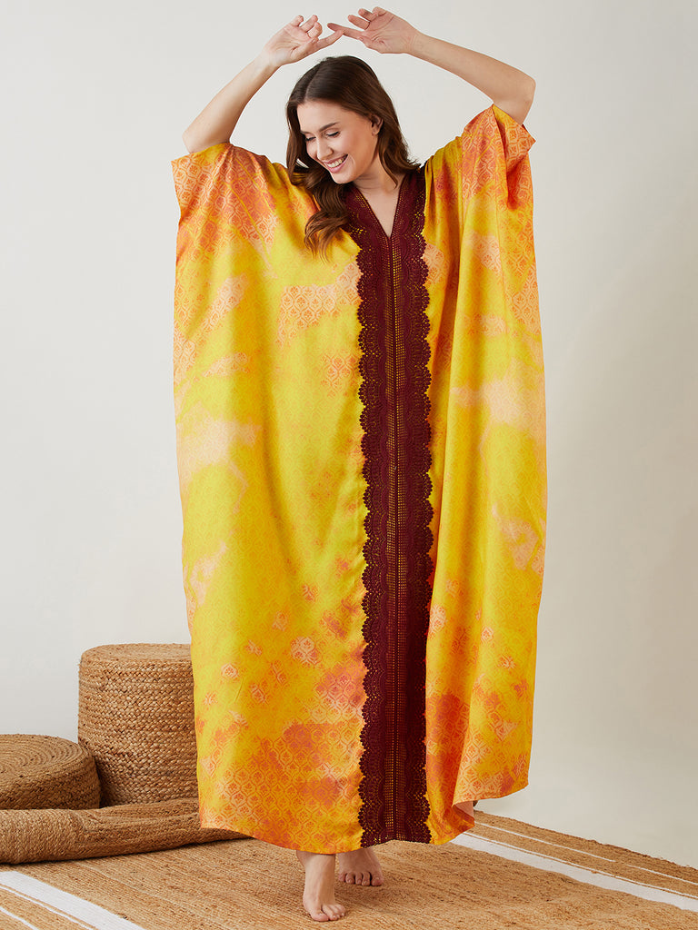 Yellow Royal Egyptian Elegance One-Size Kaftan with "V" Neckline, Lace Embellishing the Neck and Center Front of the Kaftan