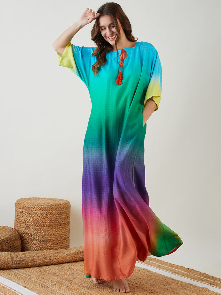 Multicolor Tie Dye Digital Printed Nightdress with Square Neck Key-Hole Tie-Up Neckline with Elastic in the Back 