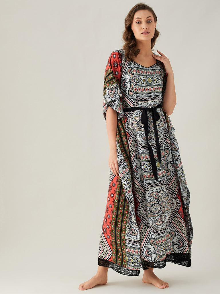 Abstract Patterned Maxi Kaftan with Belt