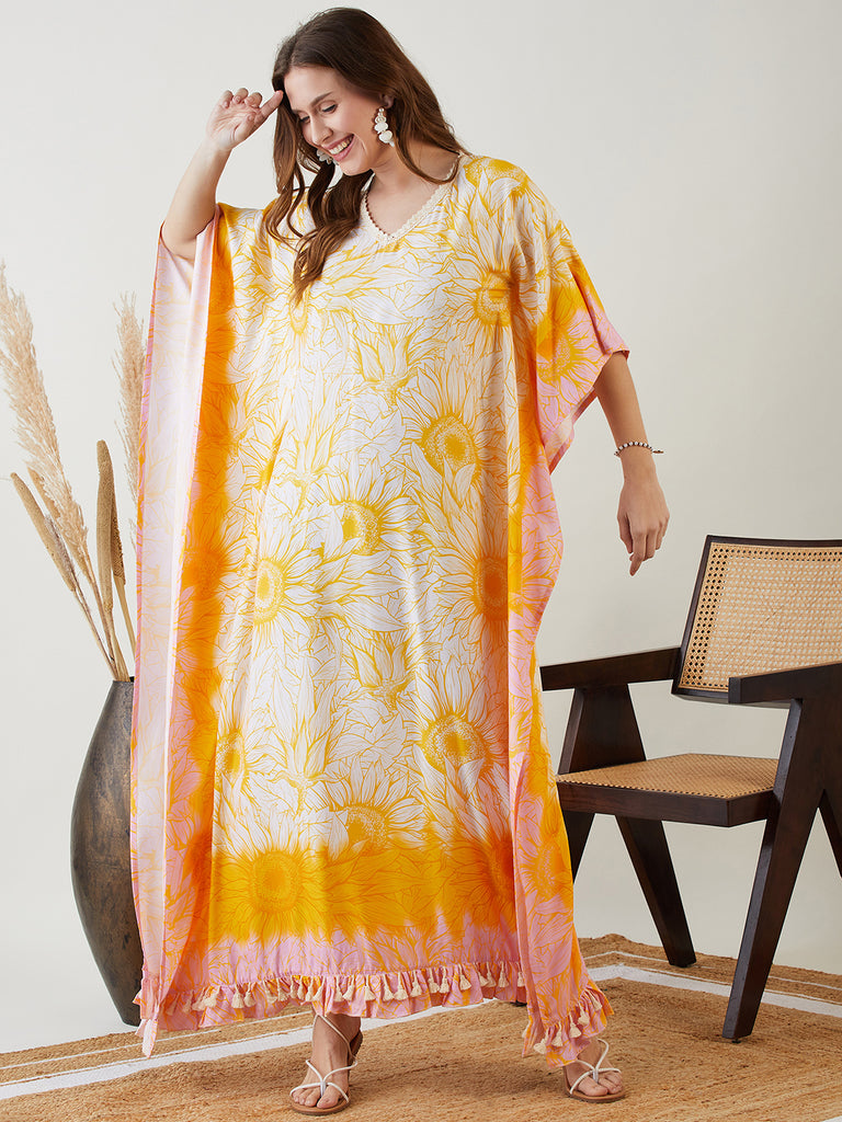 Yellow Blooming Sunflower Laced Up Kaftan with "V" Neck Embellished with Lace and Ruffle Detailing on the Hem of the Kaftan