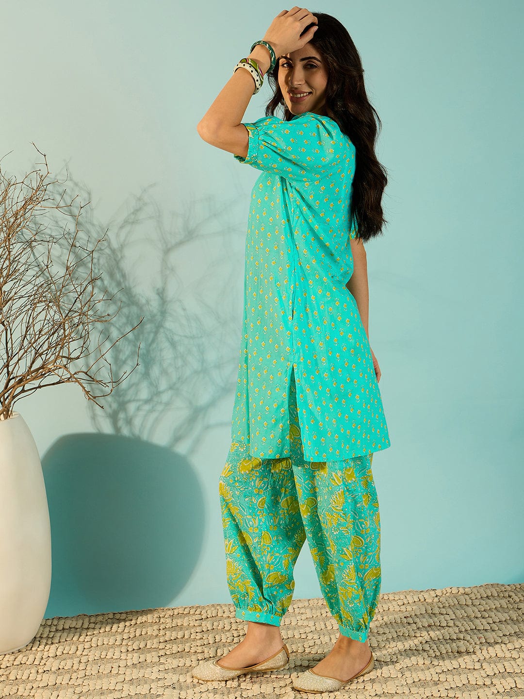 The Kaftan Company Co-ord Aquamarine Patterned Cotton Co-Ord Set For Women