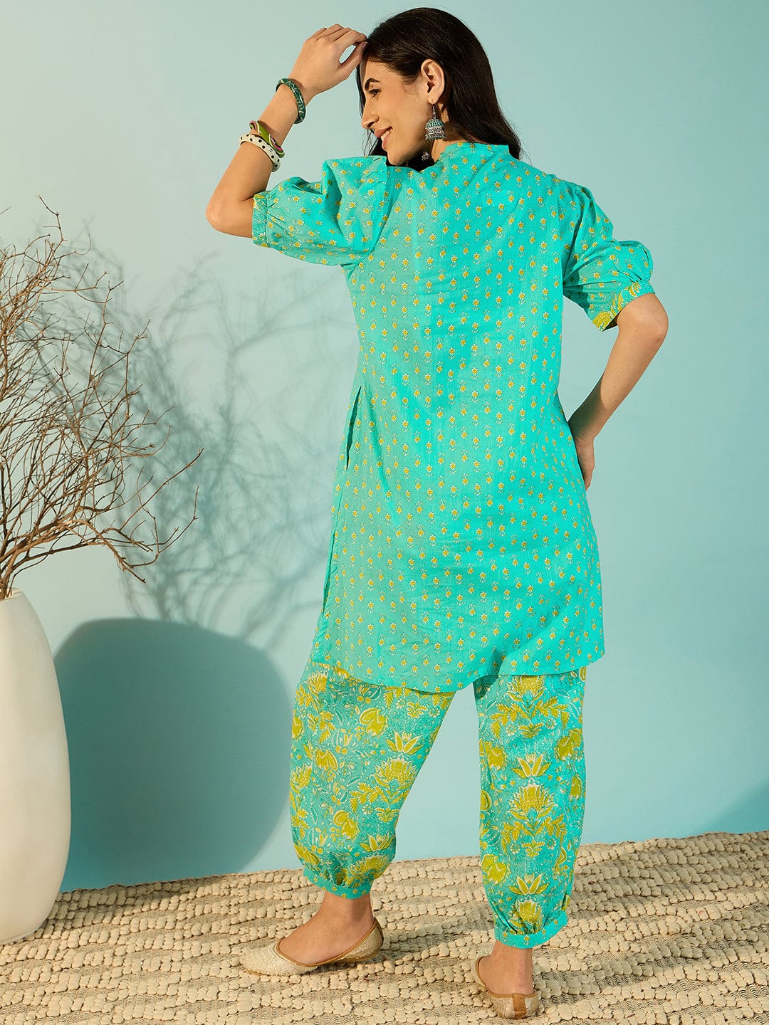 The Kaftan Company Co-ord Aquamarine Patterned Cotton Co-Ord Set For Women