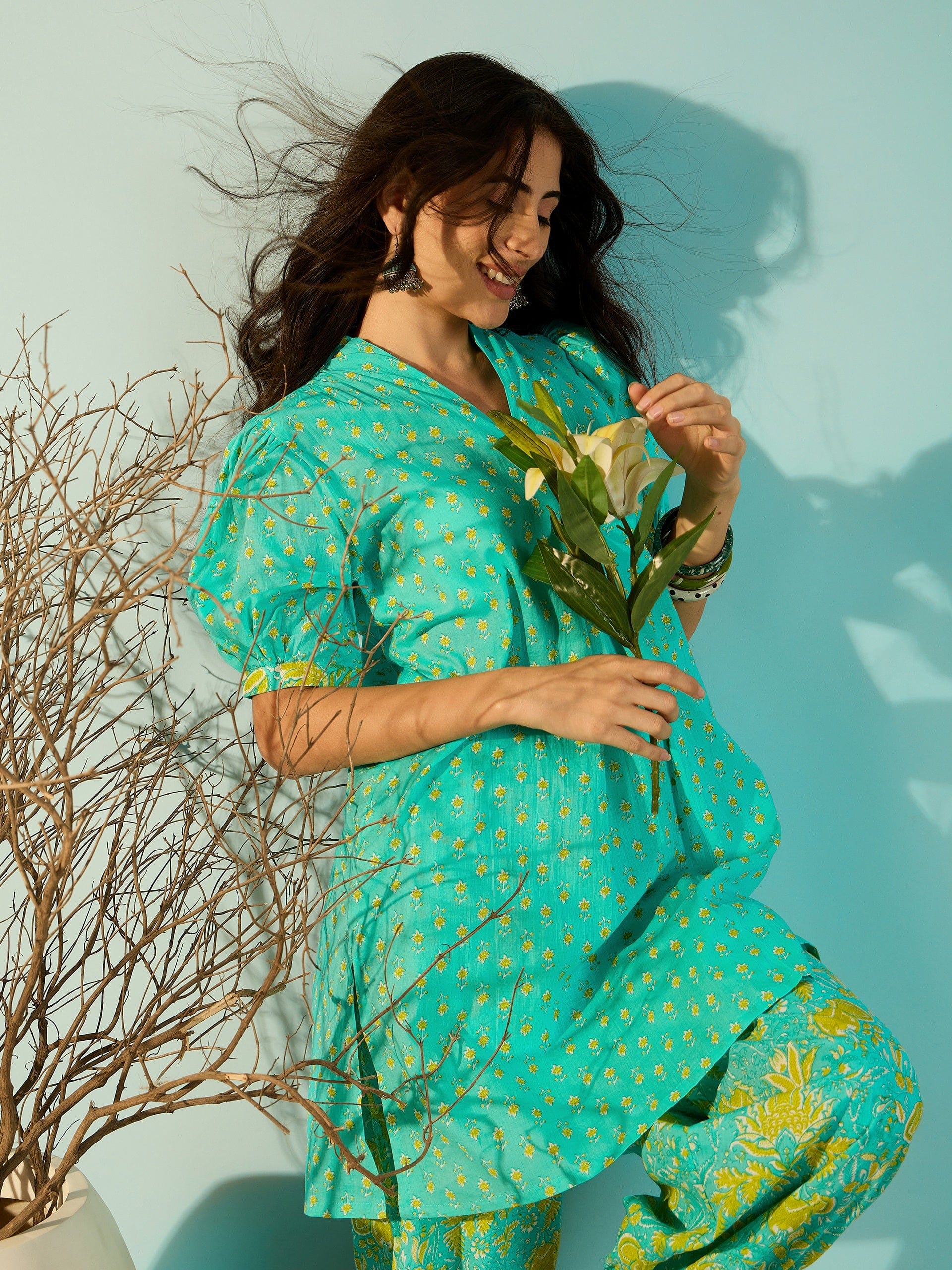 The Kaftan Company Co-ord Aquamarine Patterned Cotton Co-Ord Set For Women