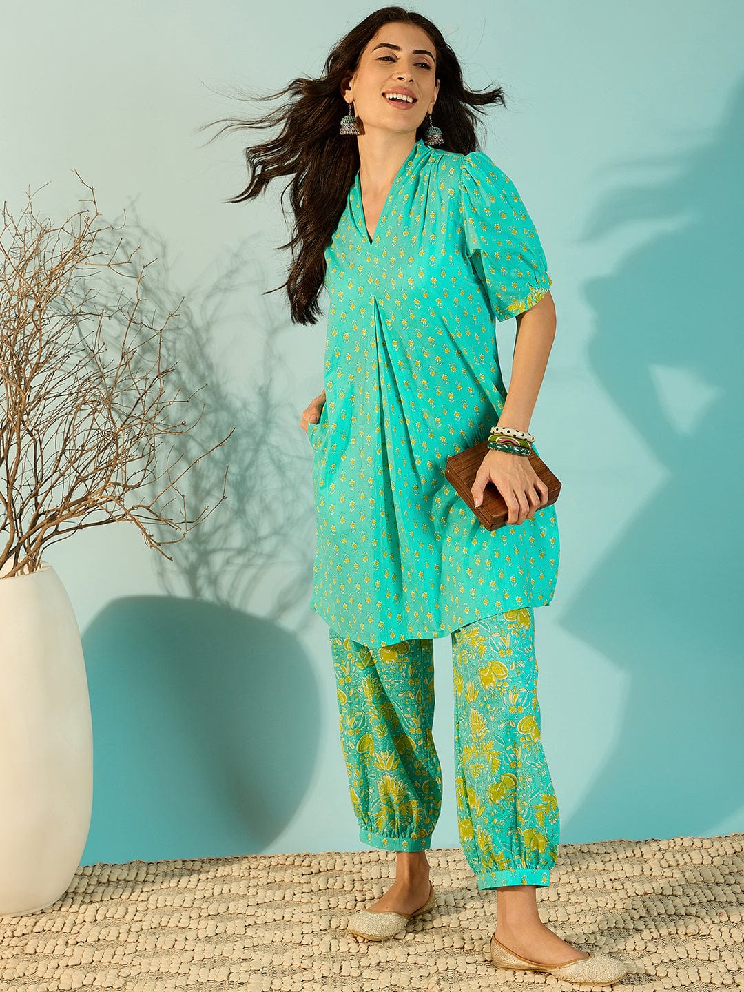 The Kaftan Company Co-ord Aquamarine Patterned Cotton Co-Ord Set For Women
