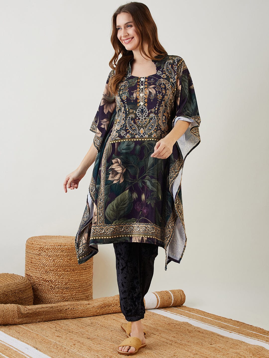 The Kaftan Company Co-ord Black Vintage Floral Velvet Kaftan Co-ord Set
