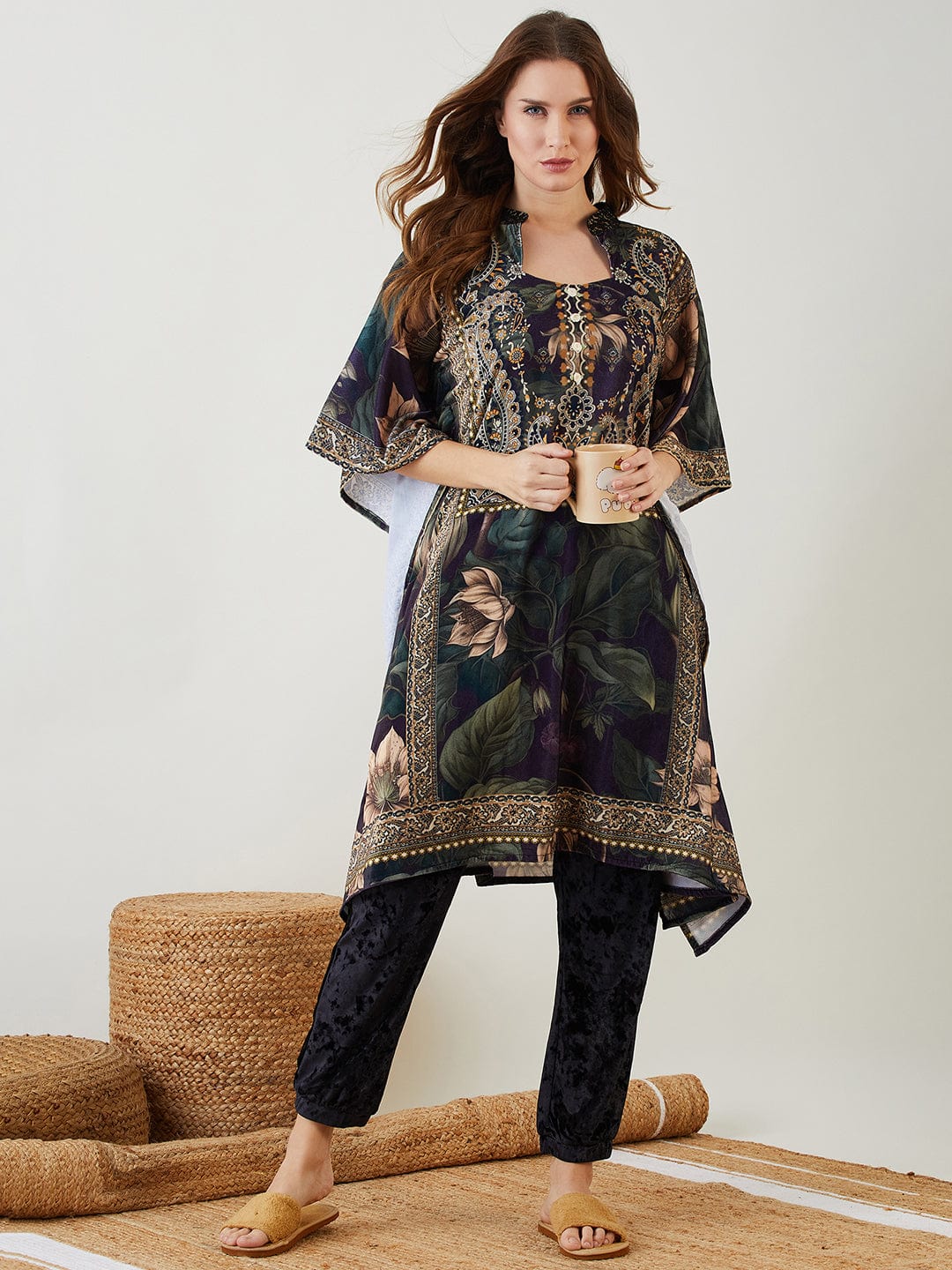 The Kaftan Company Co-ord Black Vintage Floral Velvet Kaftan Co-ord Set