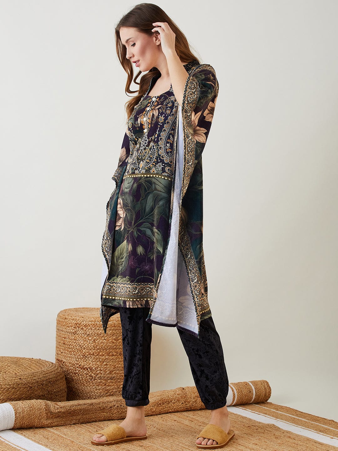 The Kaftan Company Co-ord Black Vintage Floral Velvet Kaftan Co-ord Set