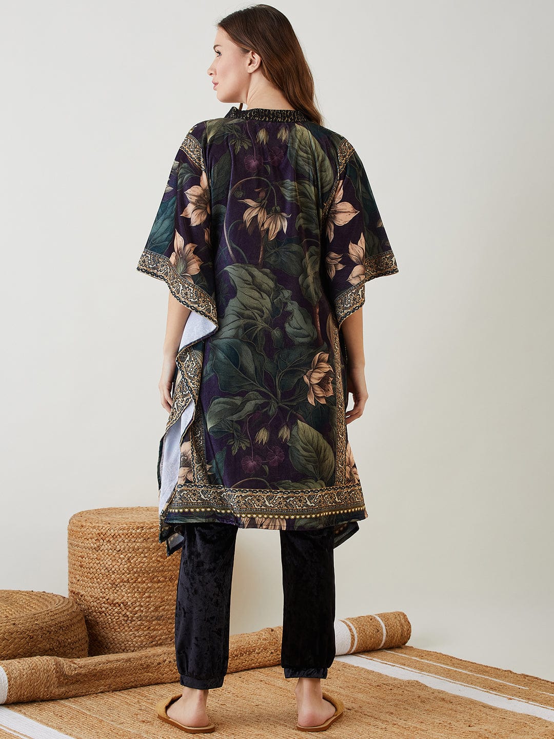 The Kaftan Company Co-ord Black Vintage Floral Velvet Kaftan Co-ord Set