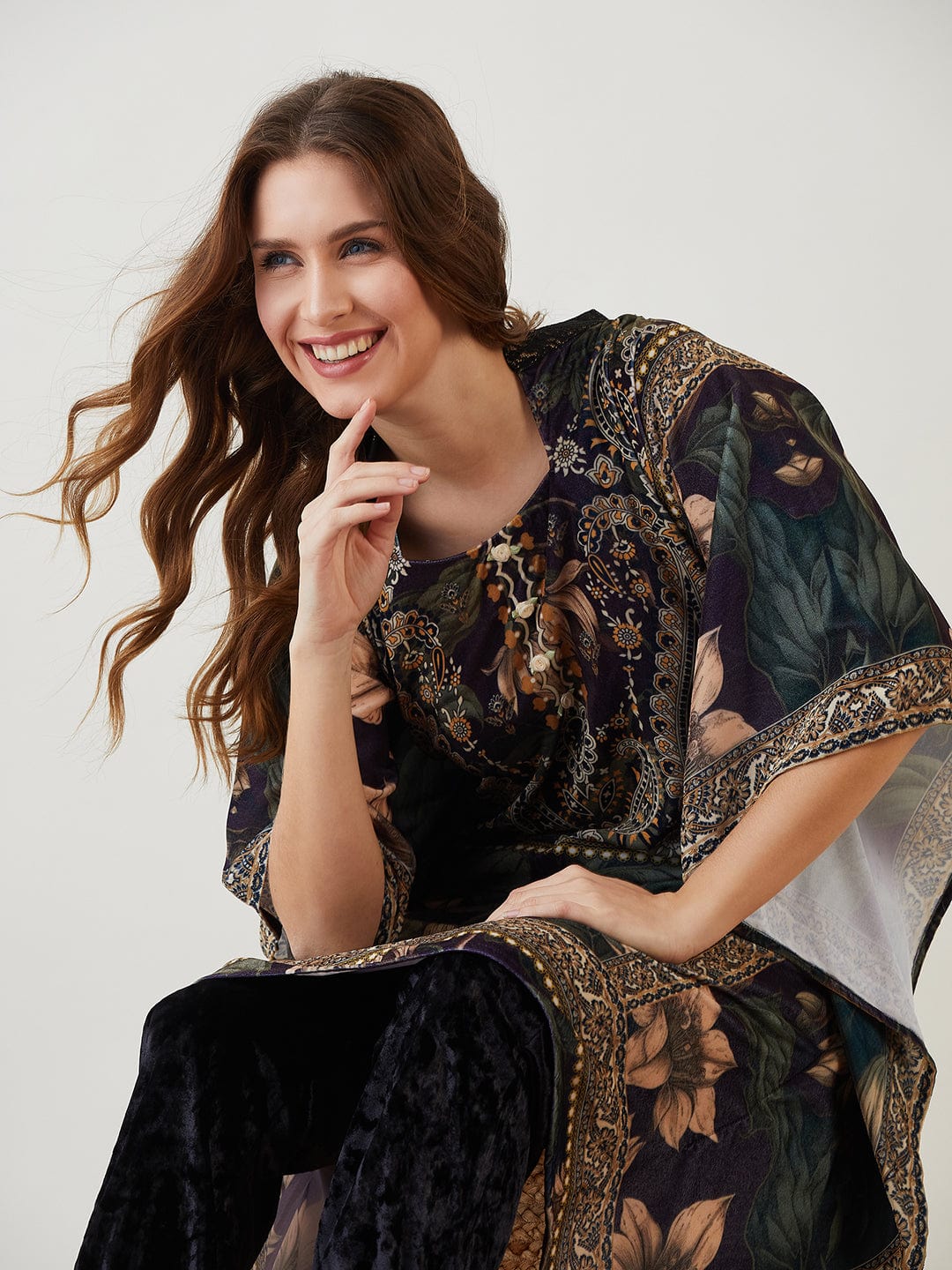 The Kaftan Company Co-ord Black Vintage Floral Velvet Kaftan Co-ord Set