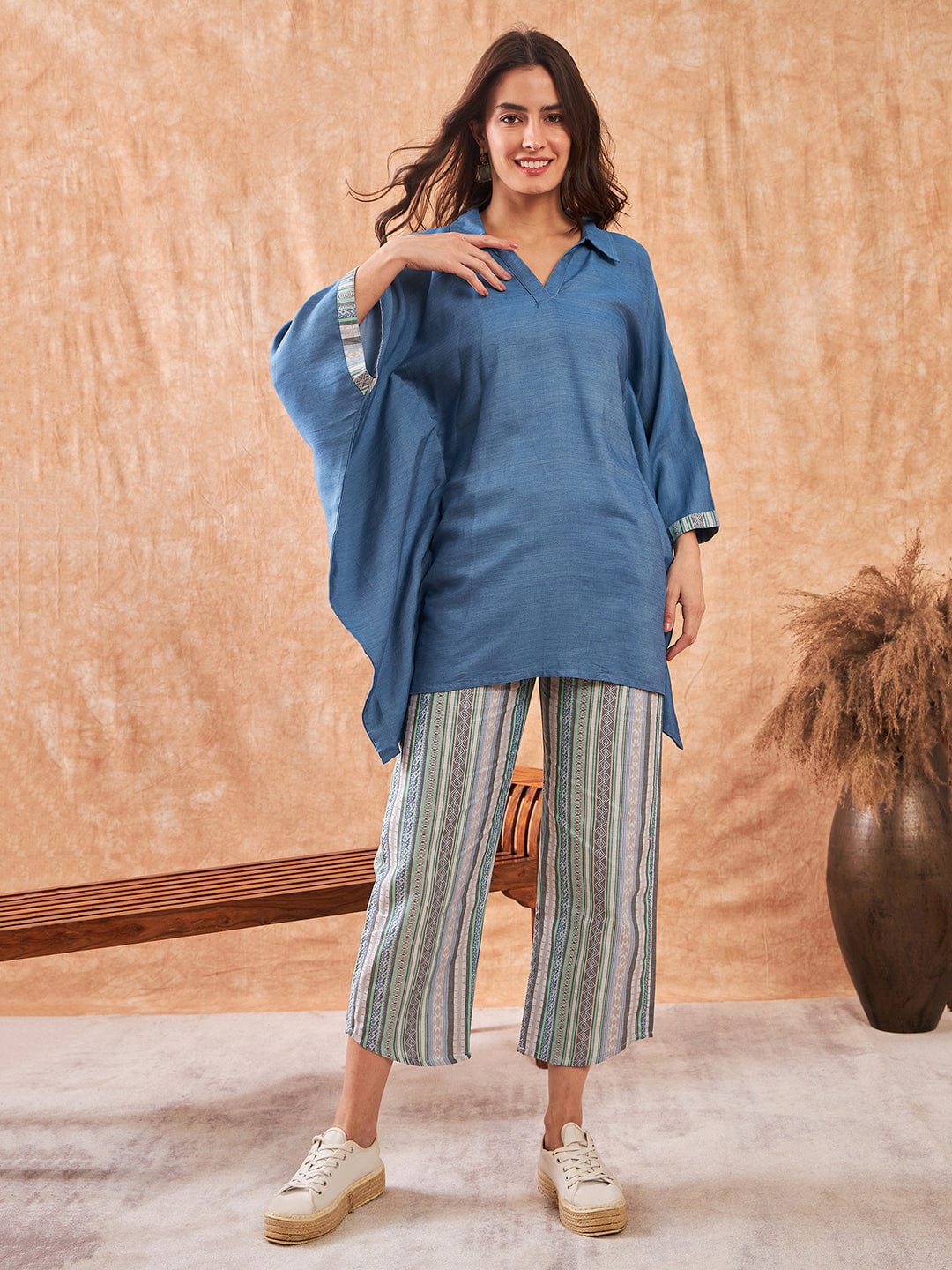 The Kaftan Company Co-ord Blue Denim Jacquard Co-ord Set