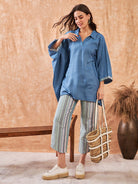 The Kaftan Company Co-ord Blue Denim Jacquard Co-ord Set