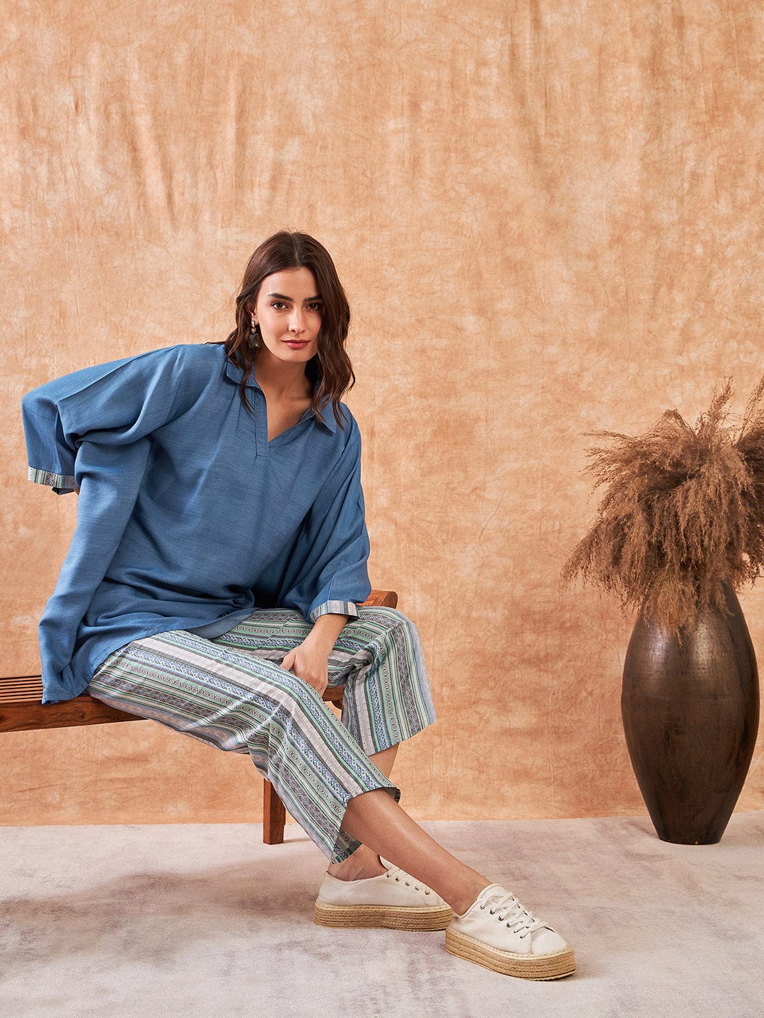 The Kaftan Company Co-ord Blue Denim Jacquard Co-ord Set