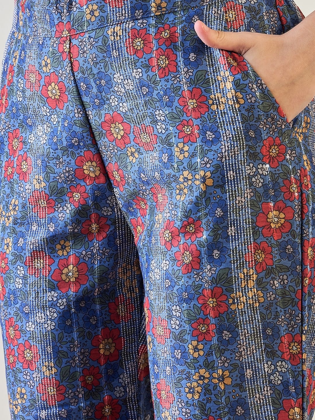 The Kaftan Company Co-ord Blue Floral Striped Lurex Co ord Set