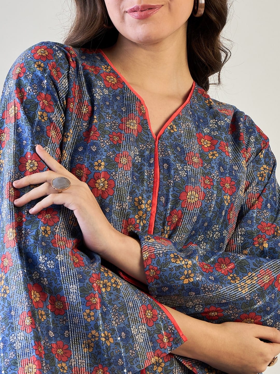 The Kaftan Company Co-ord Blue Floral Striped Lurex Co ord Set