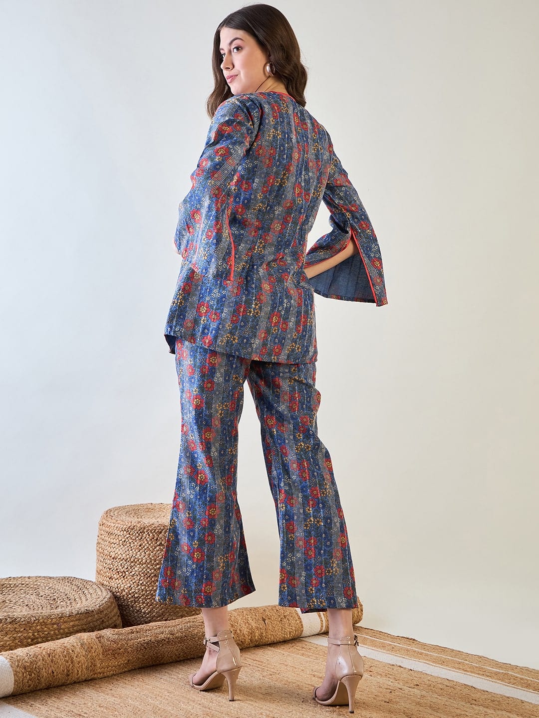 The Kaftan Company Co-ord Blue Floral Striped Lurex Co ord Set