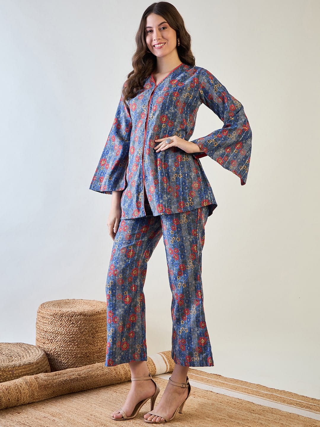 The Kaftan Company Co-ord Blue Floral Striped Lurex Co ord Set