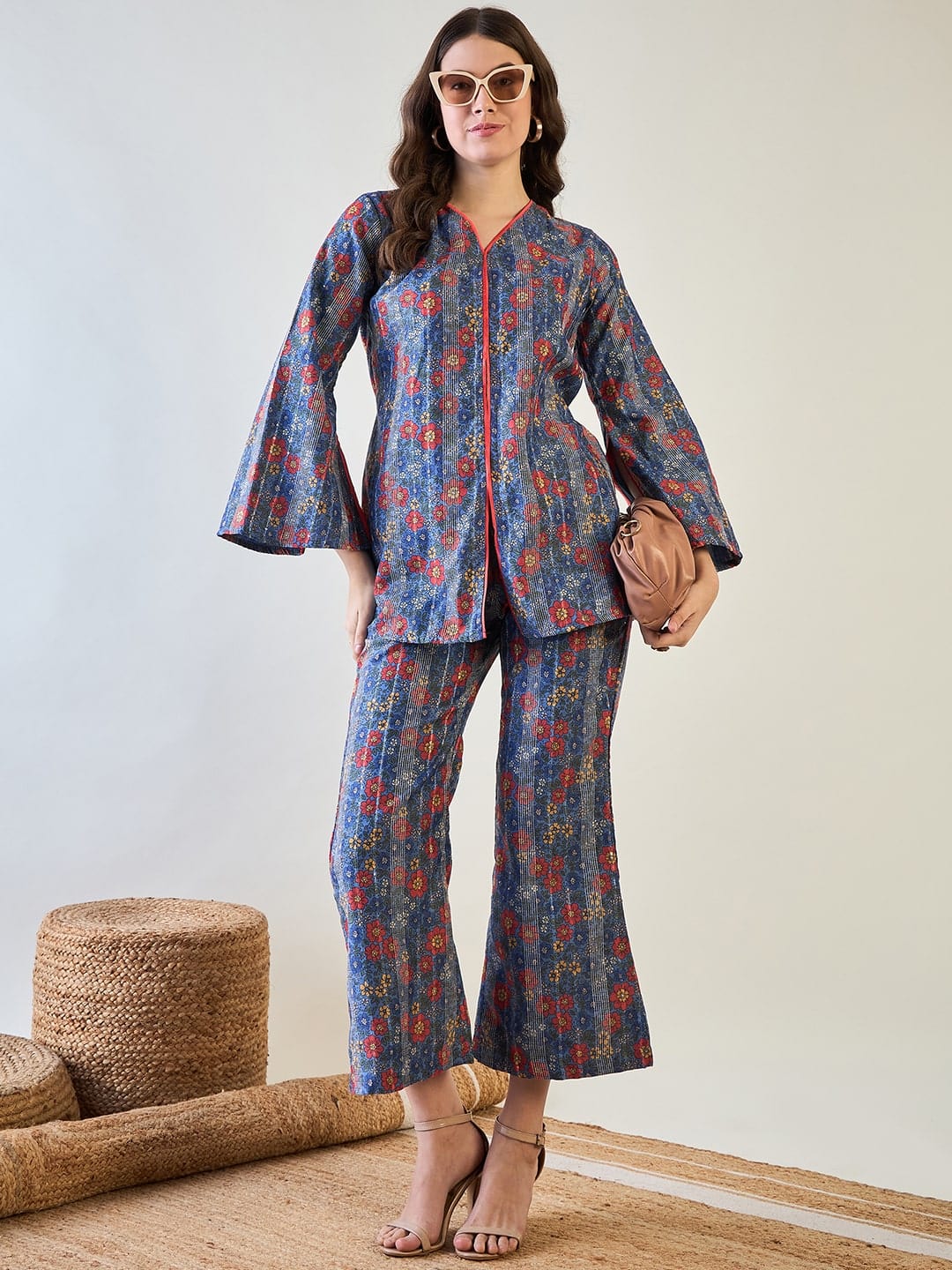 The Kaftan Company Co-ord Blue Floral Striped Lurex Co ord Set