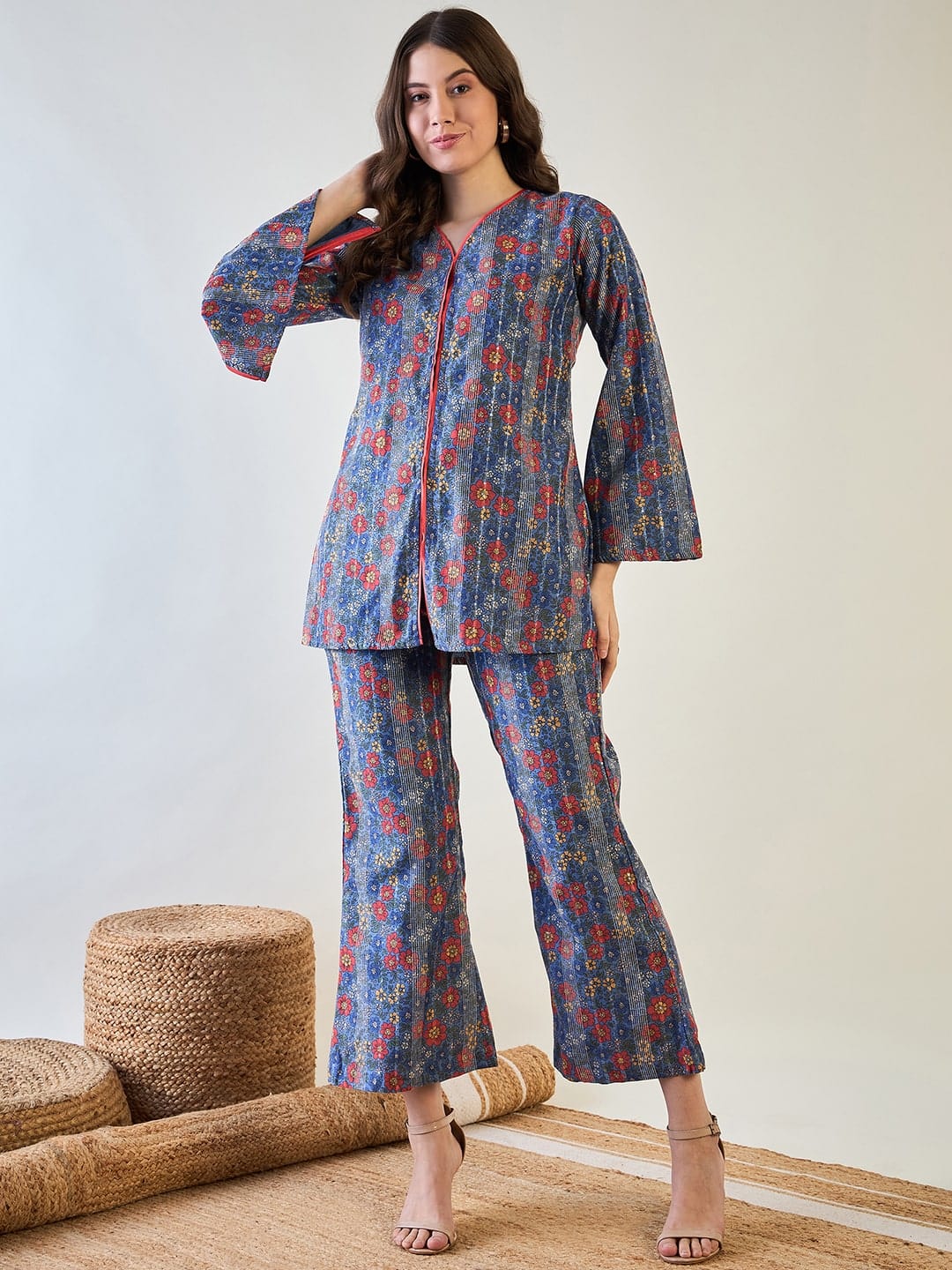 The Kaftan Company Co-ord Blue Floral Striped Lurex Co ord Set