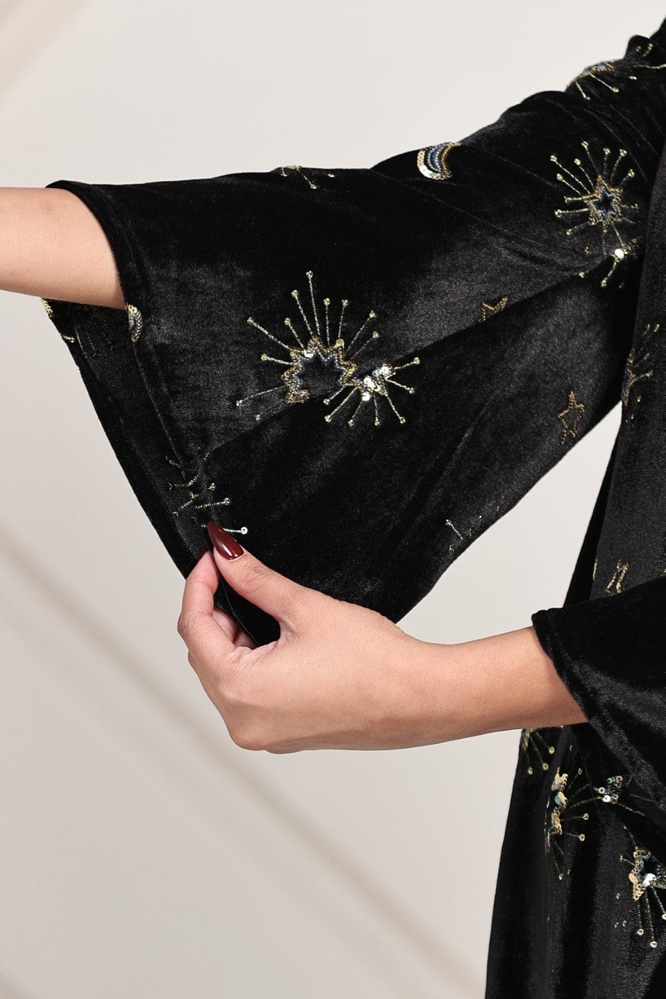 The Kaftan Company Co-ord Celestial Embroidered Velvet Top and Satin Draped Pant Set