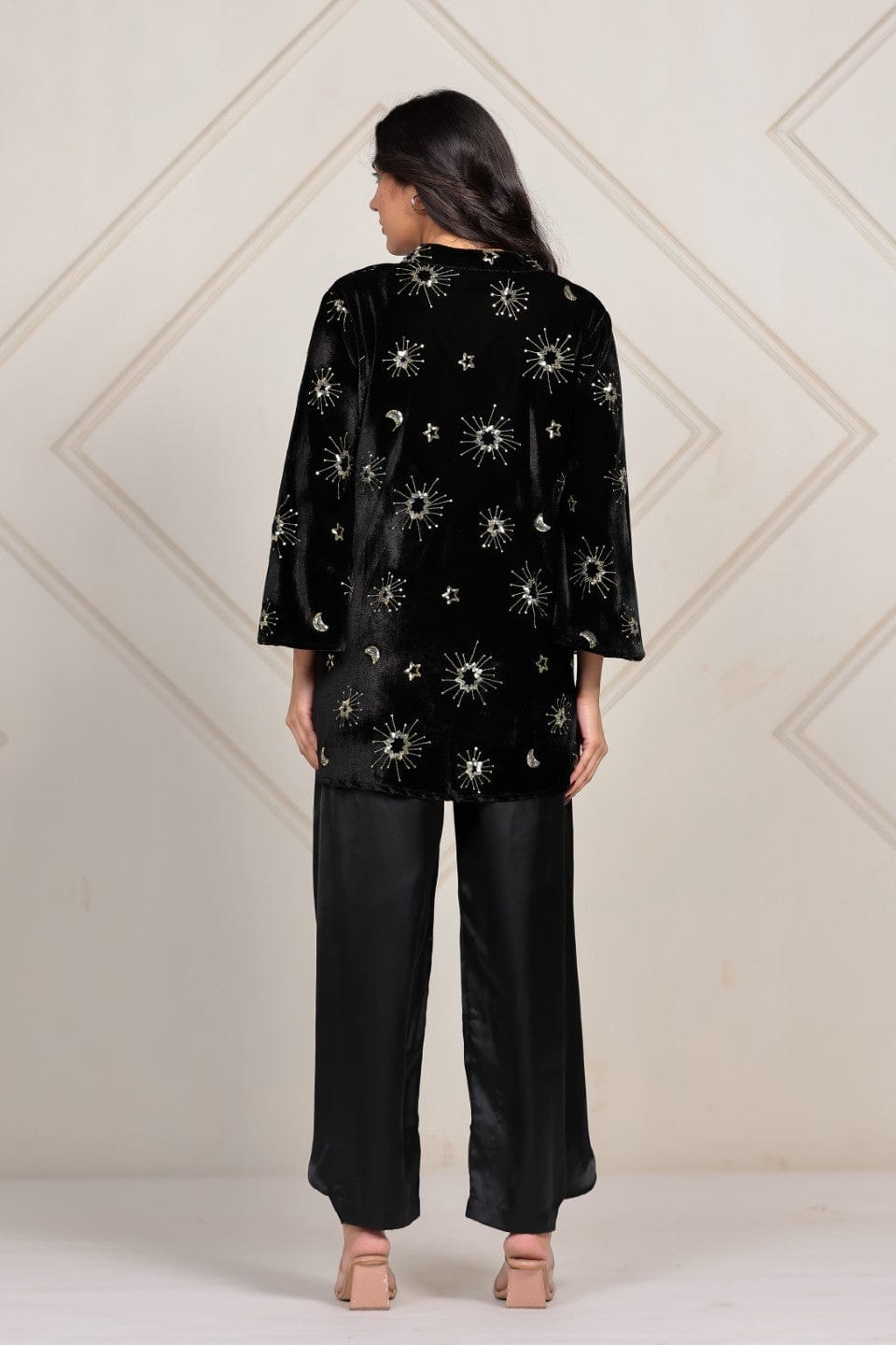 The Kaftan Company Co-ord Celestial Embroidered Velvet Top and Satin Draped Pant Set