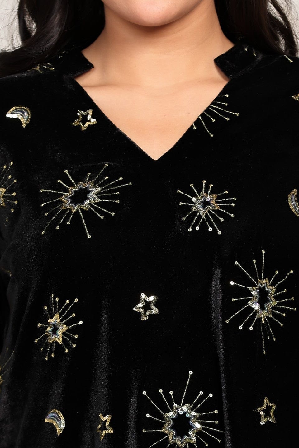 The Kaftan Company Co-ord Celestial Embroidered Velvet Top and Satin Draped Pant Set