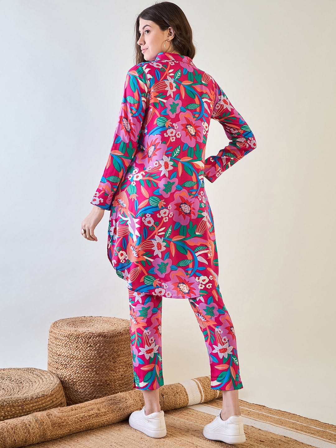 The Kaftan Company Co-ord Floral Fuschia Shirt Co ord Set