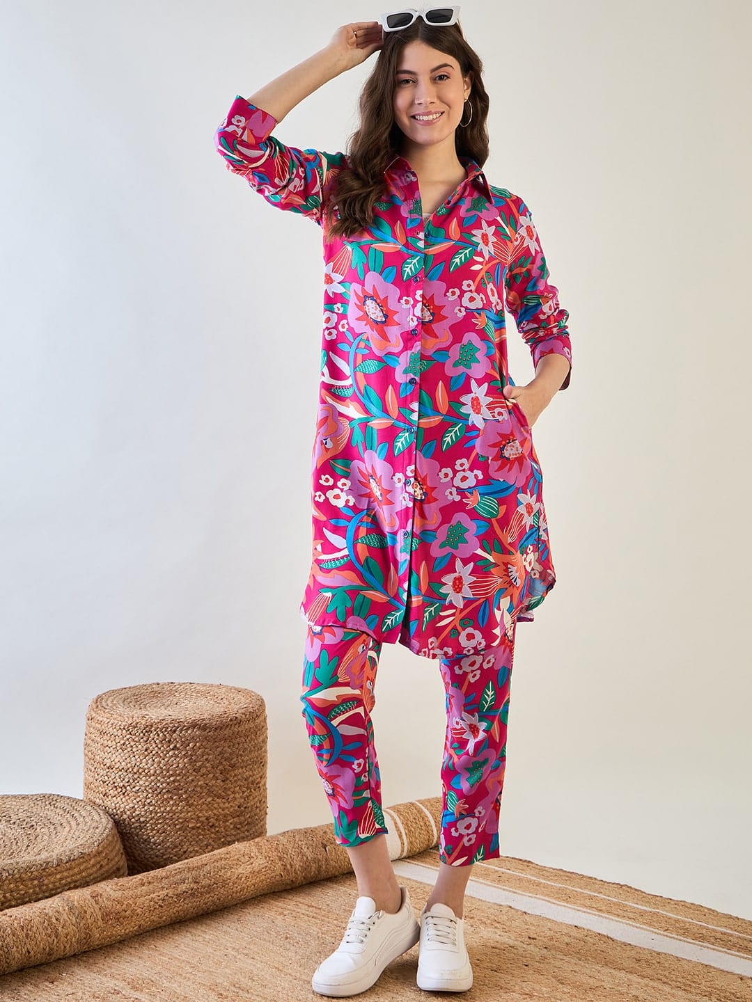 The Kaftan Company Co-ord Floral Fuschia Shirt Co ord Set