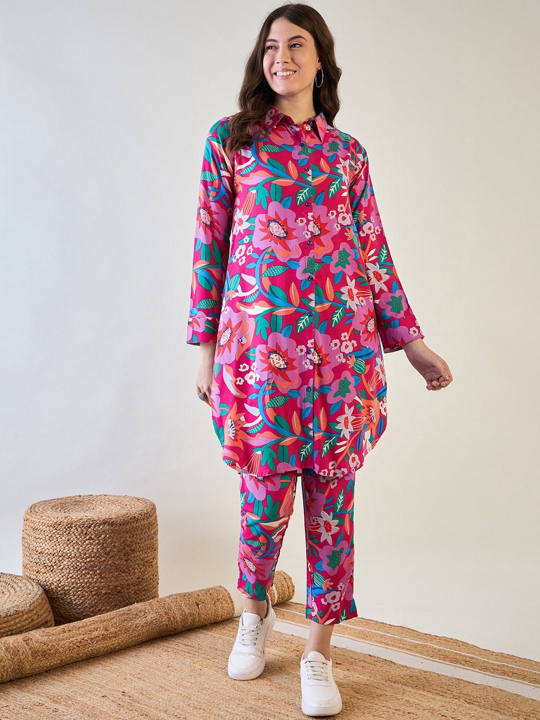 The Kaftan Company Co-ord Floral Fuschia Shirt Co ord Set