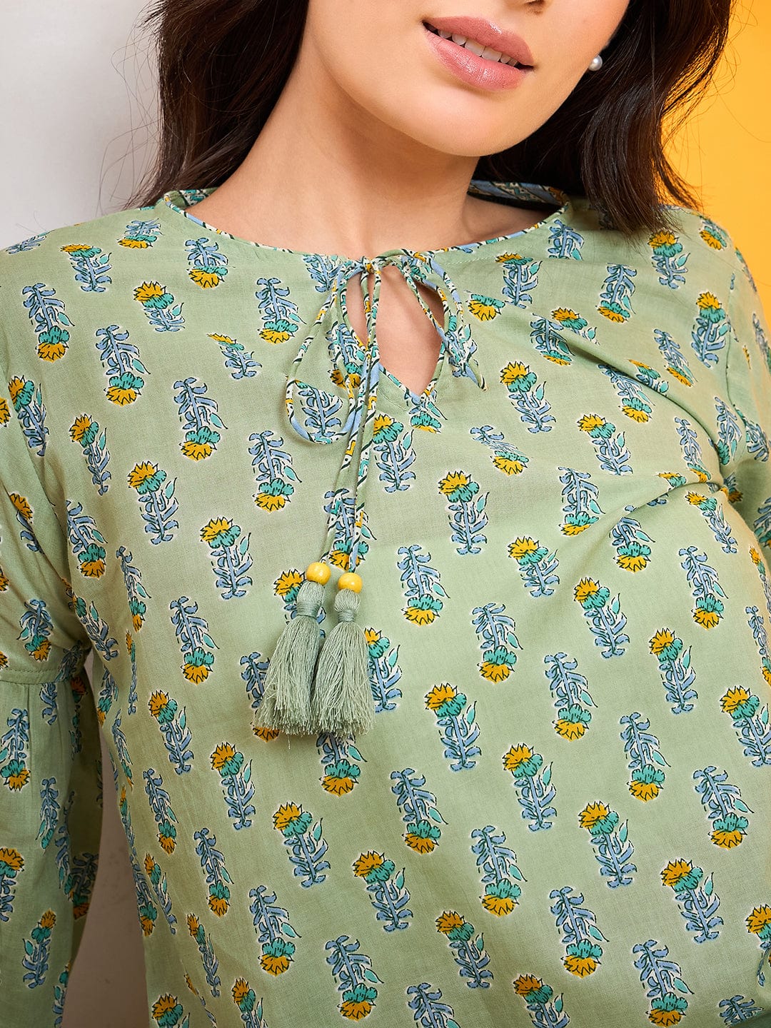 The Kaftan Company Co-ord Green Cotton Block Printed Shorts Set