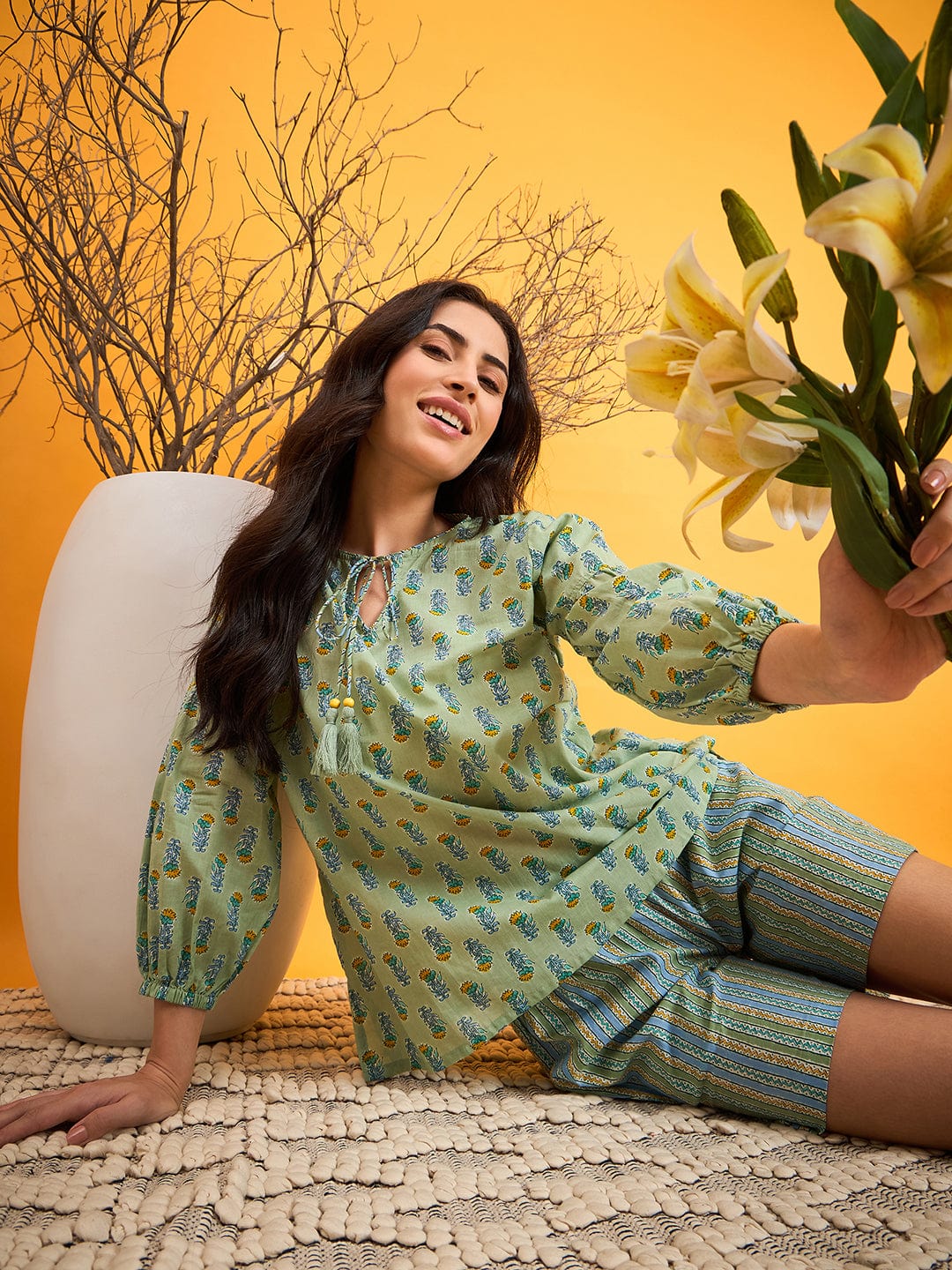 The Kaftan Company Co-ord Green Cotton Block Printed Shorts Set