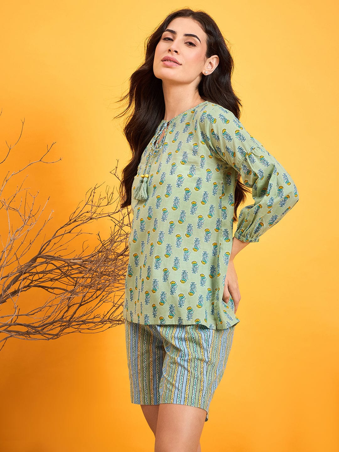 The Kaftan Company Co-ord Green Cotton Block Printed Shorts Set