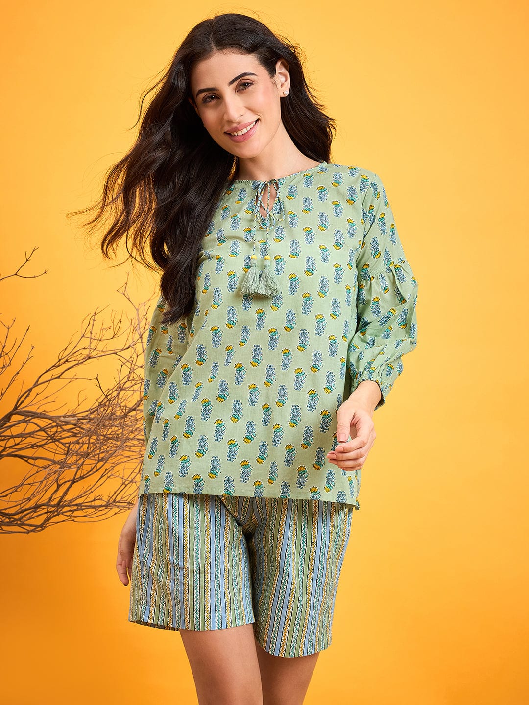 The Kaftan Company Co-ord Green Cotton Block Printed Shorts Set