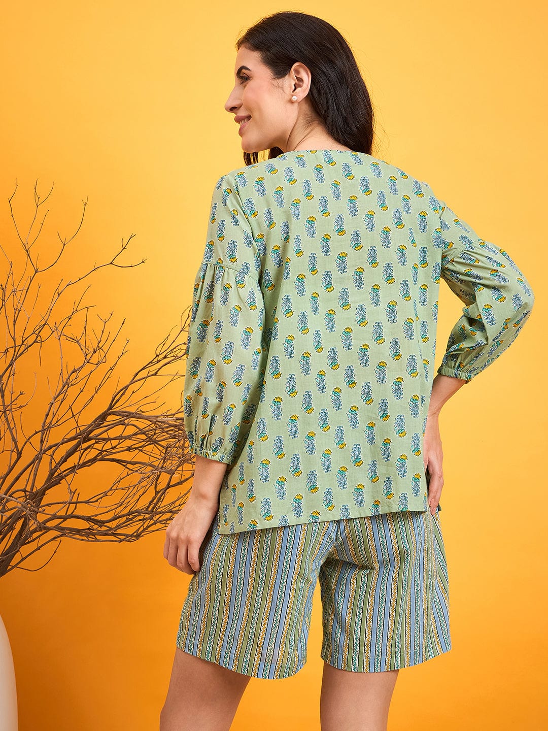 The Kaftan Company Co-ord Green Cotton Block Printed Shorts Set