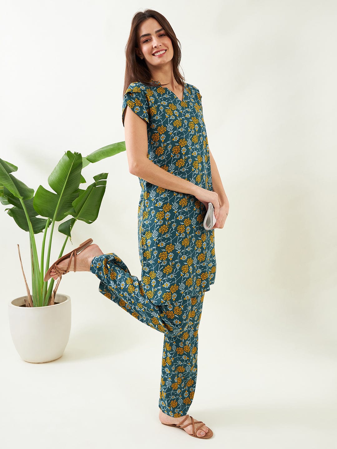 The Kaftan Company Co-ord Green Floral Coord set (Final Sale)