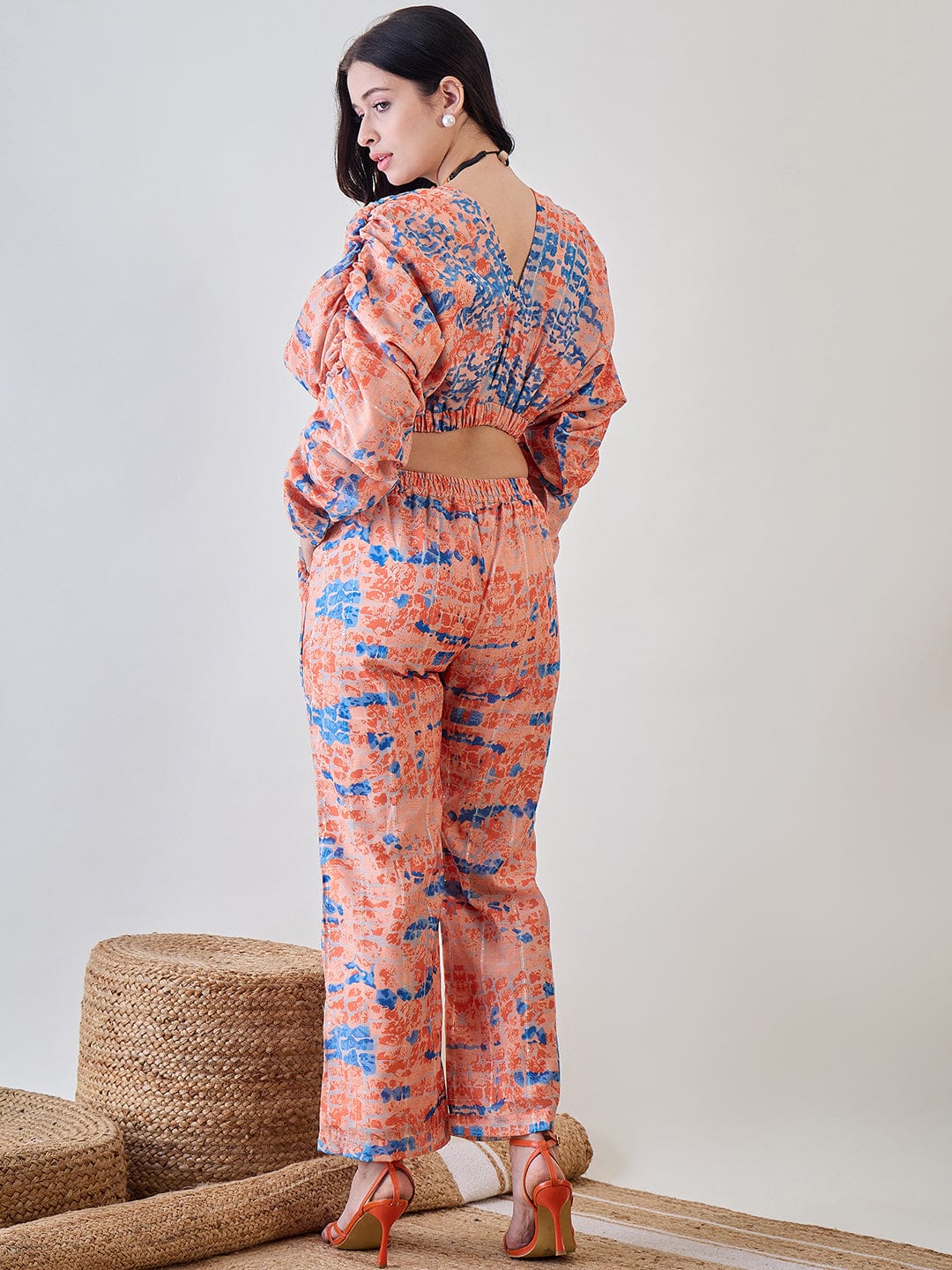 The Kaftan Company Co-ord Orange Batwing Sleeve Cotton Lurex Co Ord Set