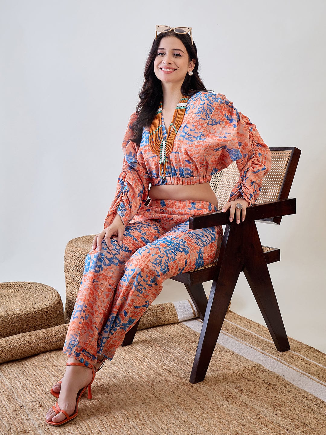 The Kaftan Company Co-ord Orange Batwing Sleeve Cotton Lurex Co Ord Set
