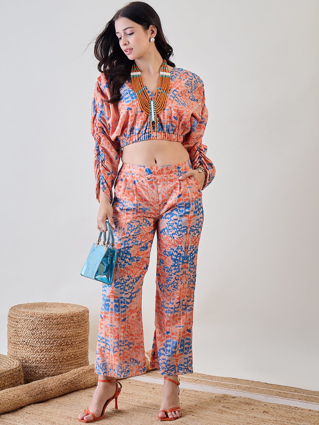 The Kaftan Company Co-ord Orange Batwing Sleeve Cotton Lurex Co Ord Set