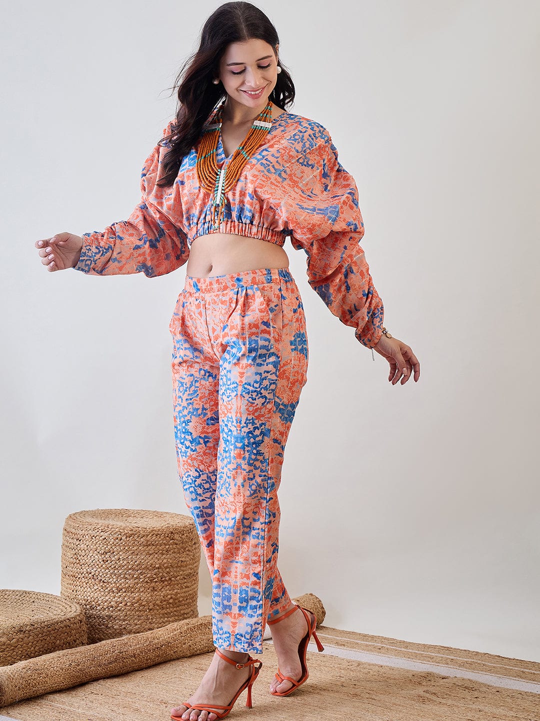 The Kaftan Company Co-ord Orange Batwing Sleeve Cotton Lurex Co Ord Set