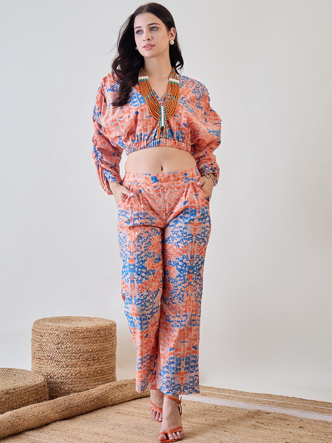 The Kaftan Company Co-ord Orange Batwing Sleeve Cotton Lurex Co Ord Set