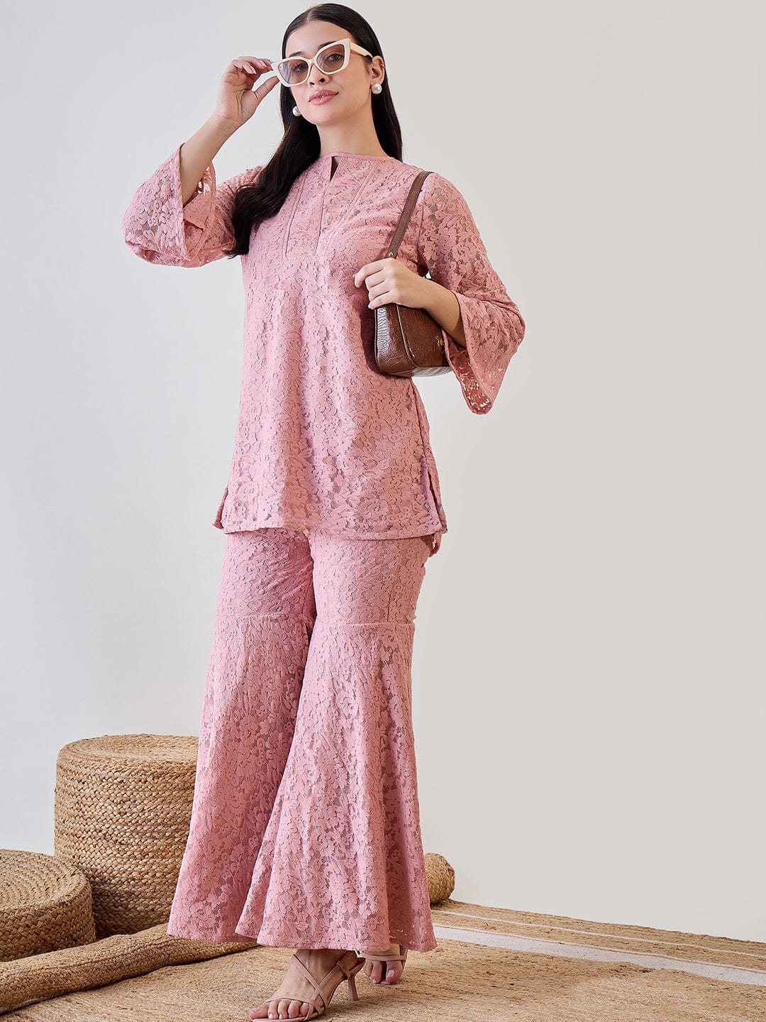 The Kaftan Company Co-ord Pink Sheer Embroidered Lace Cord Set
