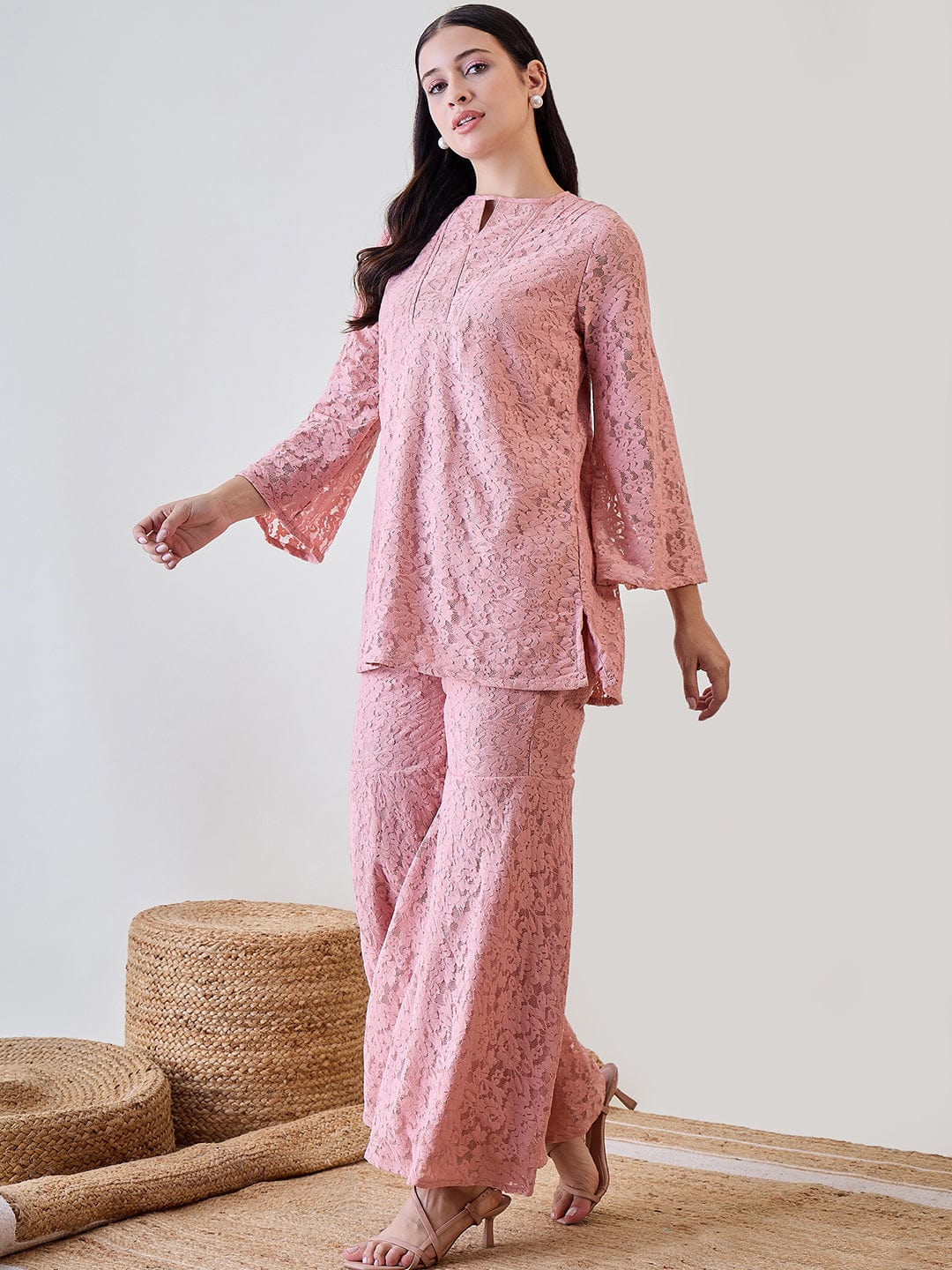 The Kaftan Company Co-ord Pink Sheer Embroidered Lace Cord Set